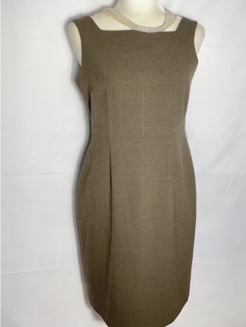 Ann Klein Tailored, Brown/Taupe, Square-Neck, Sleeveless Sheath Work Dress.